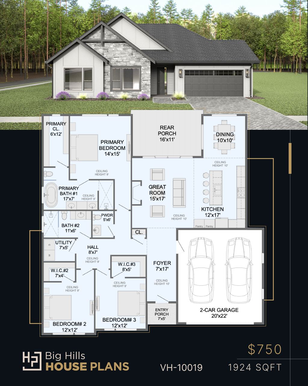 A modern, single-story house with a stone exterior, surrounded by a lush, forested landscape. The home features a covered front porch, a 2-car garage, and an open floor plan with a great room, kitchen, dining area, and multiple bedrooms. The detailed floor plan showcases the home's layout and key features, including the primary bedroom, bathrooms, and utility spaces.