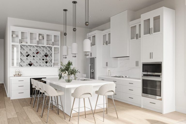 A modern, open-concept kitchen with sleek white cabinetry, a large central island with bar seating, and a wine rack display. The space features pendant lighting, stainless steel appliances, and a neutral color palette, creating a bright and airy atmosphere.