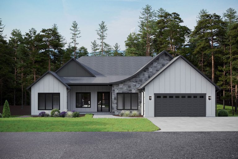 A modern, two-story house with a gray exterior, stone accents, and a large garage door. The home is surrounded by a lush, green lawn and a dense forest of pine trees, creating a tranquil, natural setting. The design features clean lines, large windows, and a welcoming entryway, suggesting a comfortable and energy-efficient living space.