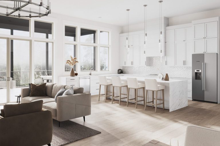 A spacious, modern open-concept kitchen and living room with large windows overlooking the outdoors. The kitchen features white cabinets, a large marble-topped island with bar stools, and stainless steel appliances. The living room has a comfortable beige sofa and a stylish pendant lighting fixture overhead. The room has a bright, airy, and minimalist design aesthetic.